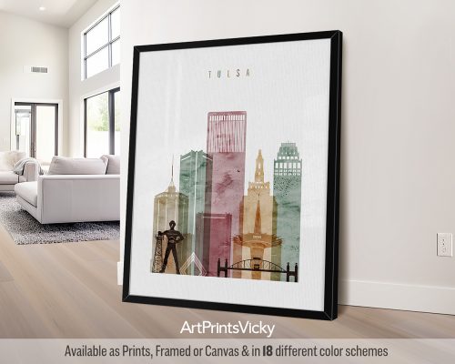 Tulsa city skyline in warm Watercolor 1 style by ArtPrintsVicky
