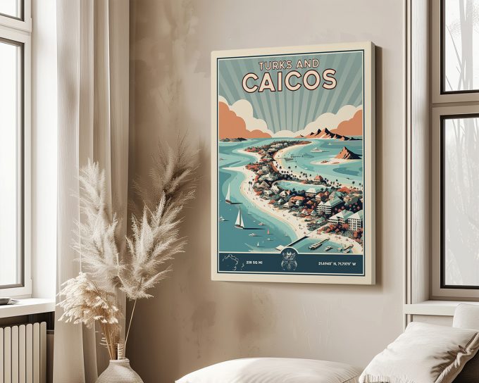 Retro travel poster featuring a stylized illustration of Turks and Caicos with boats and landscapes.