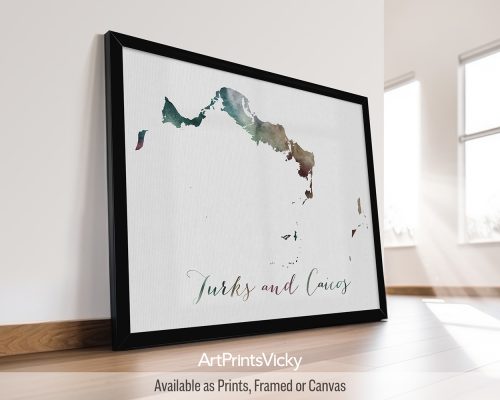 Earthy watercolor print of the Turks and Caicos map, with "Turks and Caicos" written across the islands in handwritten script, on a textured background. Perfect for lovers of tropical islands, pristine beaches, and Caribbean escapes by ArtPrintsVicky.