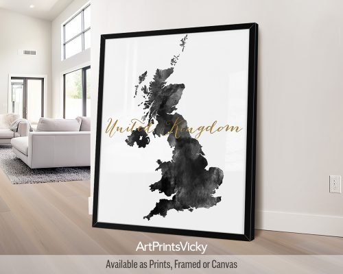 Black and white watercolor print of the United Kingdom map on a white background, with "United Kingdom" written in the center in faux gold lettering. Perfect for lovers of British Isles, detailed maps, and a touch of sophistication by ArtPrintsVicky.