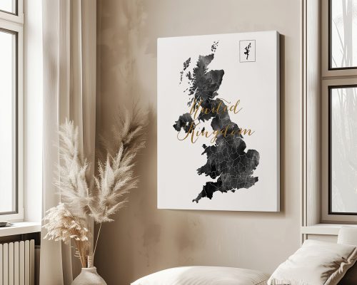 Artistic map of the United Kingdom in black with gold lettering on a light background.