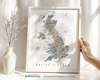 Map of the United Kingdom showing regions, cities, and geographical features in a neutral color palette.