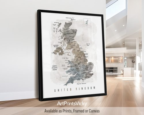United Kingdom Detailed Map Print In Watercolour by ArtPrintsVicky