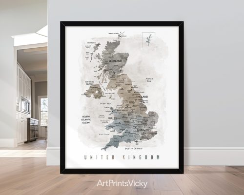 United Kingdom Detailed Map Print In Watercolour