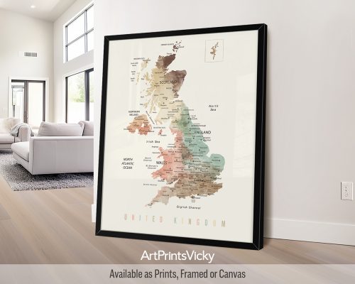 UK Map Poster | Pastel Tones, Detailed and Decorative by ArtPrintsVicky