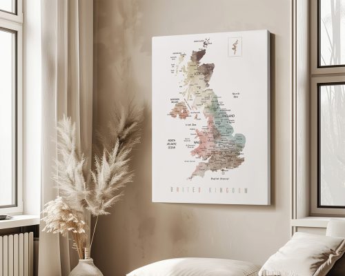 Map of the United Kingdom displaying regions and major cities in a muted color palette.