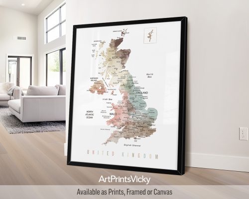 United Kingdom Map Poster in Soft Pastels by ArtPrintsVicky