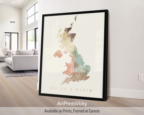 United Kingdom map poster in a warm Pastel Cream watercolor style, by ArtPrintsVicky.