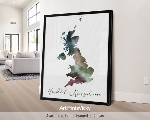 Earthy watercolor painting of the United Kingdom map, with "United Kingdom" written below in handwritten script, on a textured background. Perfect for lovers of British landscapes and history by ArtPrintsVicky.