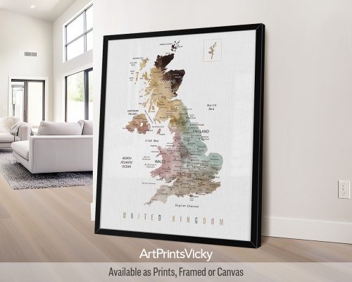 UK Map Print in Warm Watercolors