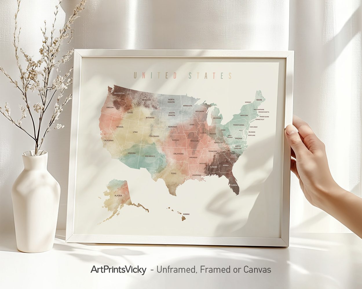 Art print of a map of the United States featuring state names in various colors.