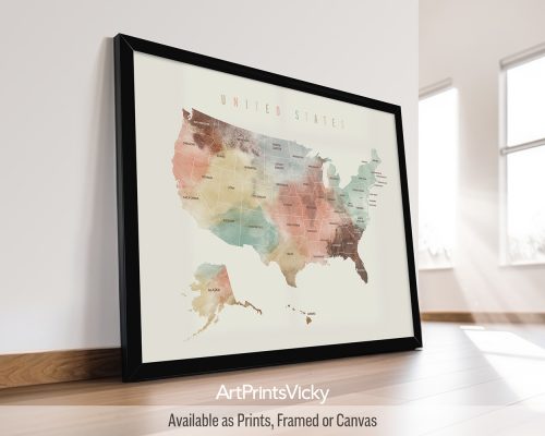 USA Map Wall Art in Warm Pastel Watercolors by ArtPrintsVicky