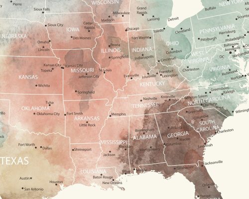 Map of the Southern United States in pastel colors, showing states and major cities.