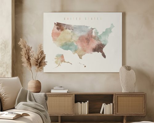 Watercolor map of the United States featuring states in various pastel colors.
