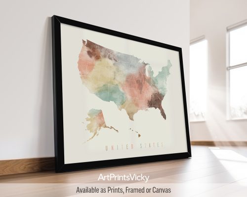 Pastel cream watercolor print of the United States map, with "United States" written across it in handwritten script, on a soft cream background. Perfect for lovers of gentle color palettes and diverse American landscapes by ArtPrintsVicky.