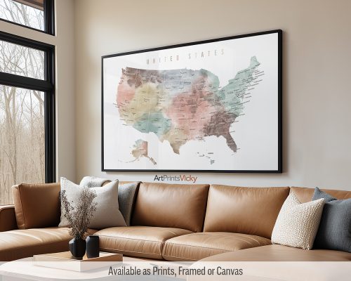 USA Map Poster Large in Soft Pastel Watercolors by ArtPrintsVicky