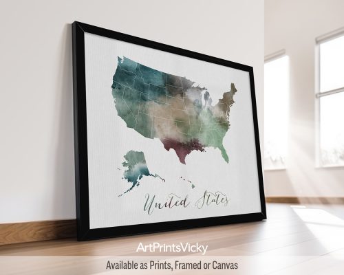 Earthy watercolor print of the United States map, with "United States" written across it in handwritten script, on a textured background. Perfect for lovers of national parks, road trips, and diverse landscapes by ArtPrintsVicky.