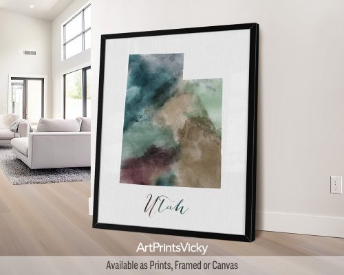 Earthy watercolor painting of the Utah state map, with "Utah" written below in handwritten script, on a textured background. Perfect for lovers of the Beehive State's natural landscapes by ArtPrintsVicky.