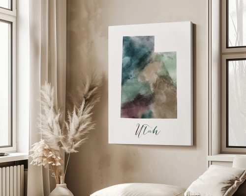 Abstract art print featuring a watercolor representation of the state of Utah in muted colors.