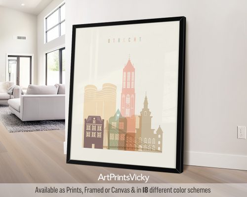 Minimalist Utrecht skyline print featuring the Dom Tower, and vibrant cityscape in a warm, vintage-inspired Pastel Cream palette, by ArtPrintsVicky.
