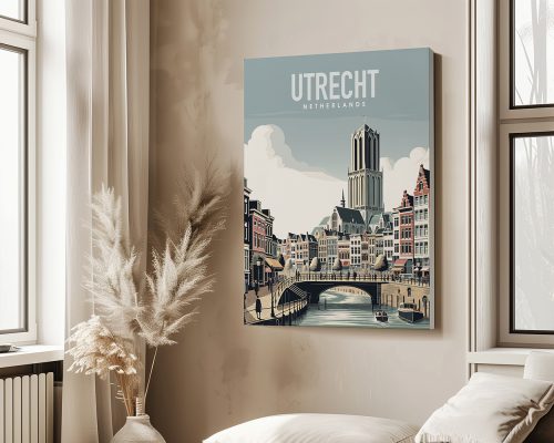Illustration of Utrecht, Netherlands featuring a canal and historic buildings with a tower in the background.