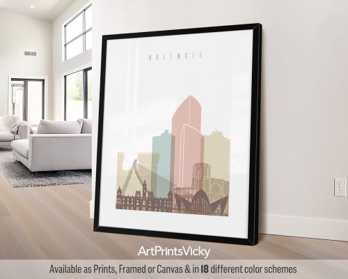 Valencia skyline featuring the City of Arts and Sciences and other iconic landmarks in a soft and dreamlike pastel white palette, by ArtPrintsVicky.