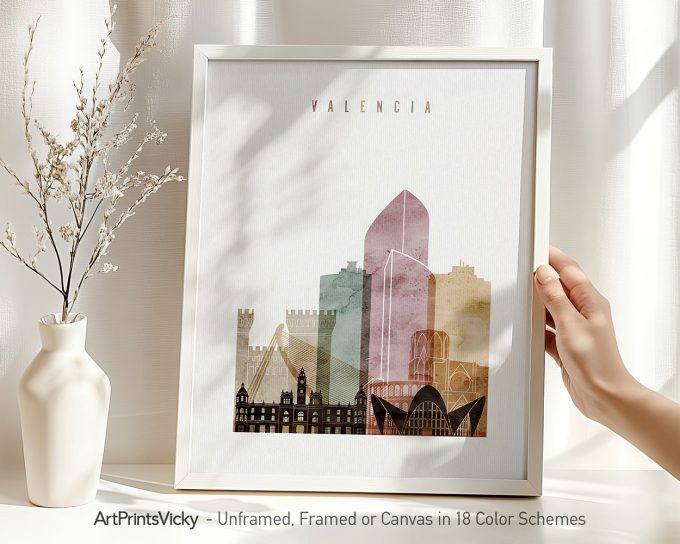 Art print featuring a stylized cityscape of Valencia with various architectural elements.