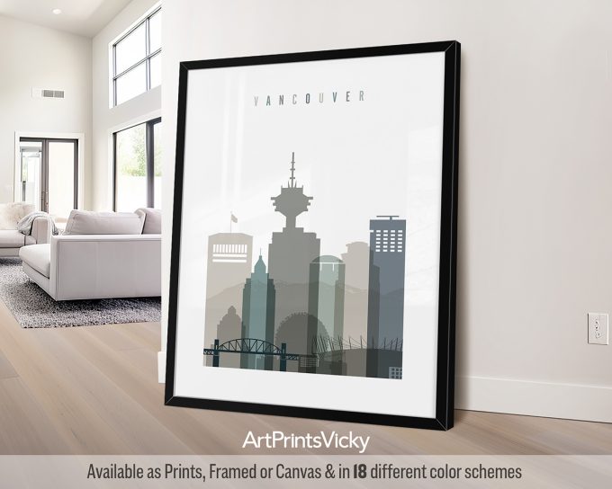 Art print featuring a stylized silhouette of Vancouver's skyline with notable buildings.