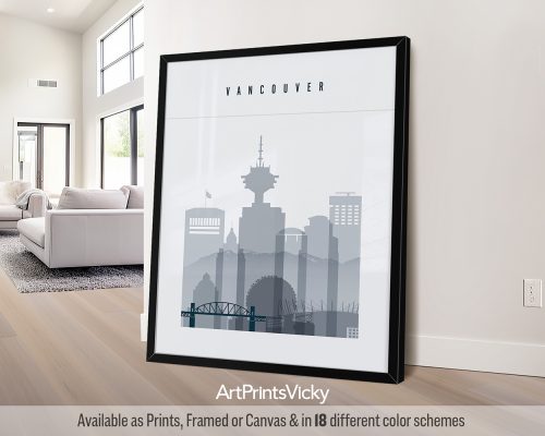 Vancouver city skyline poster featuring the cityscape and mountains in a grey blue color palette by ArtPrintsVicky