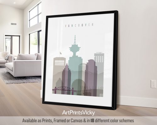 Vancouver minimalist art print in cool pastel 2 theme, modern city print by ArtPrintsVicky