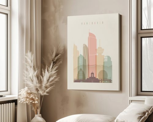 Art print of Vancouver city skyline featuring various buildings in pastel colors.