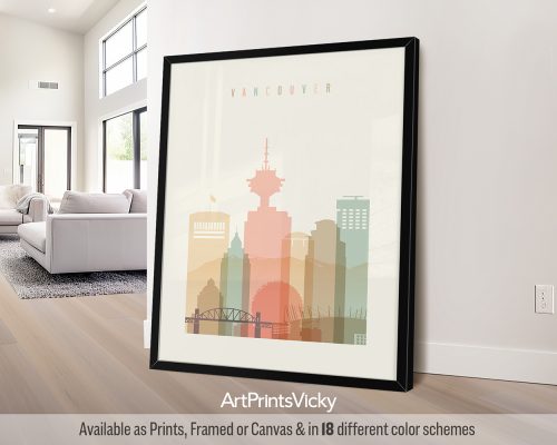 Vancouver skyline in warm pastel cream theme, modern city print by ArtPrintsVicky