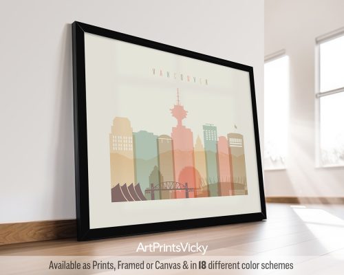 Vancouver skyline in warm pastel cream theme, landscape orientation, modern city print by ArtPrintsVicky
