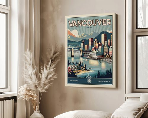 Retro-style poster of Vancouver featuring mountains, city skyline, and water elements.