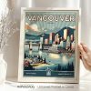 Retro art print of Vancouver featuring city skyline and waterfront in a framed design.