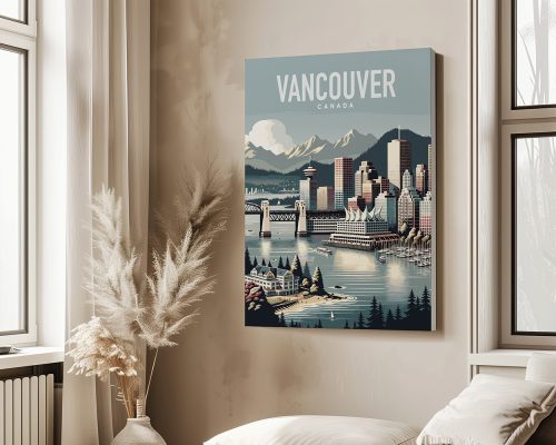 Art print featuring a stylized illustration of Vancouver, Canada with mountains and city skyline.