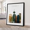 Art print featuring a stylized cityscape of Vancouver with prominent buildings and a bridge.
