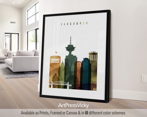 Vibrant Vancouver city skyline in Watercolor 3 style by ArtPrintsVicky