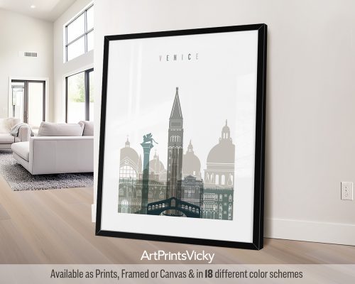Venice minimalist city print in cool Earth Tones 4. Features canals, gondolas, ornate bridges, and a romantic vibe by ArtPrintsVicky