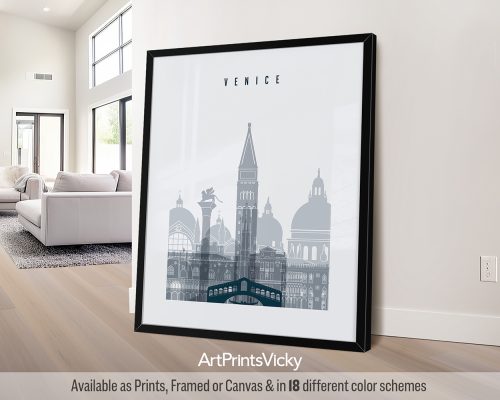 Venice city skyline poster with iconic landmarks in a grey blue color palette by ArtPrintsVicky