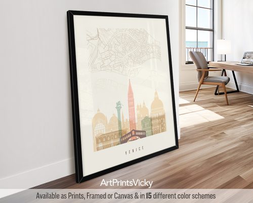Venice Italy Print | Soft Pastels, Map with Skyline Detail by ArtPrintsVicky