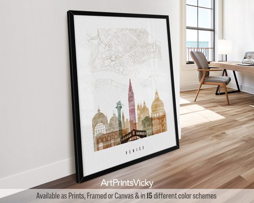 Venice Italy minimalist map and skyline poster featuring St. Mark's Basilica, the Rialto Bridge, iconic landmarks, canals, rendered in a rich and textured Watercolor 1 style. by ArtPrintsVicky.