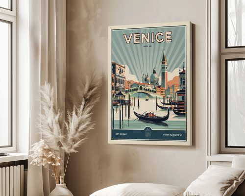 Retro travel poster featuring a scenic view of Venice with a gondola and city landmarks.
