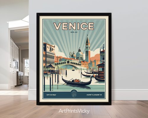 Vintage Venice mural with gondolas and retro aesthetic