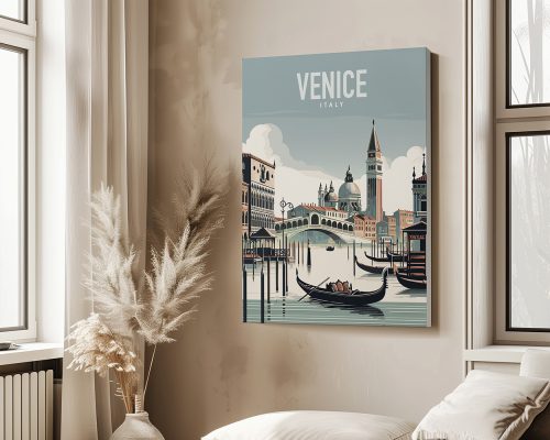 Art print of Venice featuring a canal, gondolas, and iconic buildings with a light blue background.