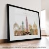 Art print featuring a stylized cityscape of Venice with notable landmarks and a bridge.