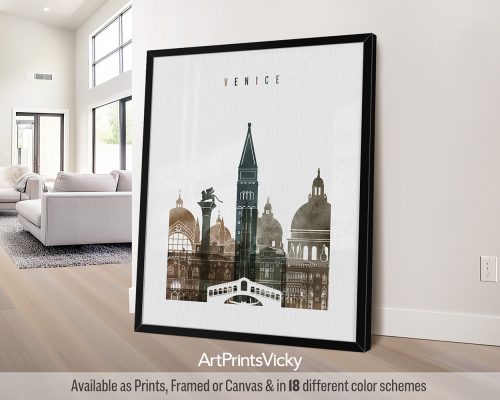 Venice skyline poster featuring St. Mark's Basilica, gondolas on the canals, and vibrant cityscape in a rich and textured earthy Watercolor 2 style, by ArtPrintsVicky.