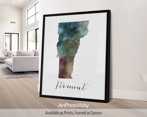 Earthy watercolor poster of the Vermont state map, with "Vermont" written below in handwritten script, on a textured background. Perfect for lovers of the Green Mountain State's landscapes and New England charm by ArtPrintsVicky.
