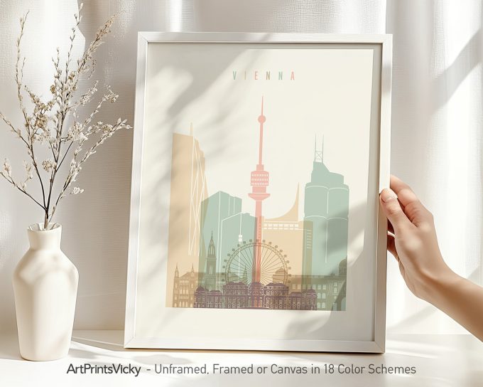 Art print of Vienna featuring iconic buildings and a ferris wheel in soft colors.