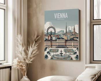 Art print featuring a stylized illustration of Vienna, Austria with notable landmarks and a color palette of muted tones.